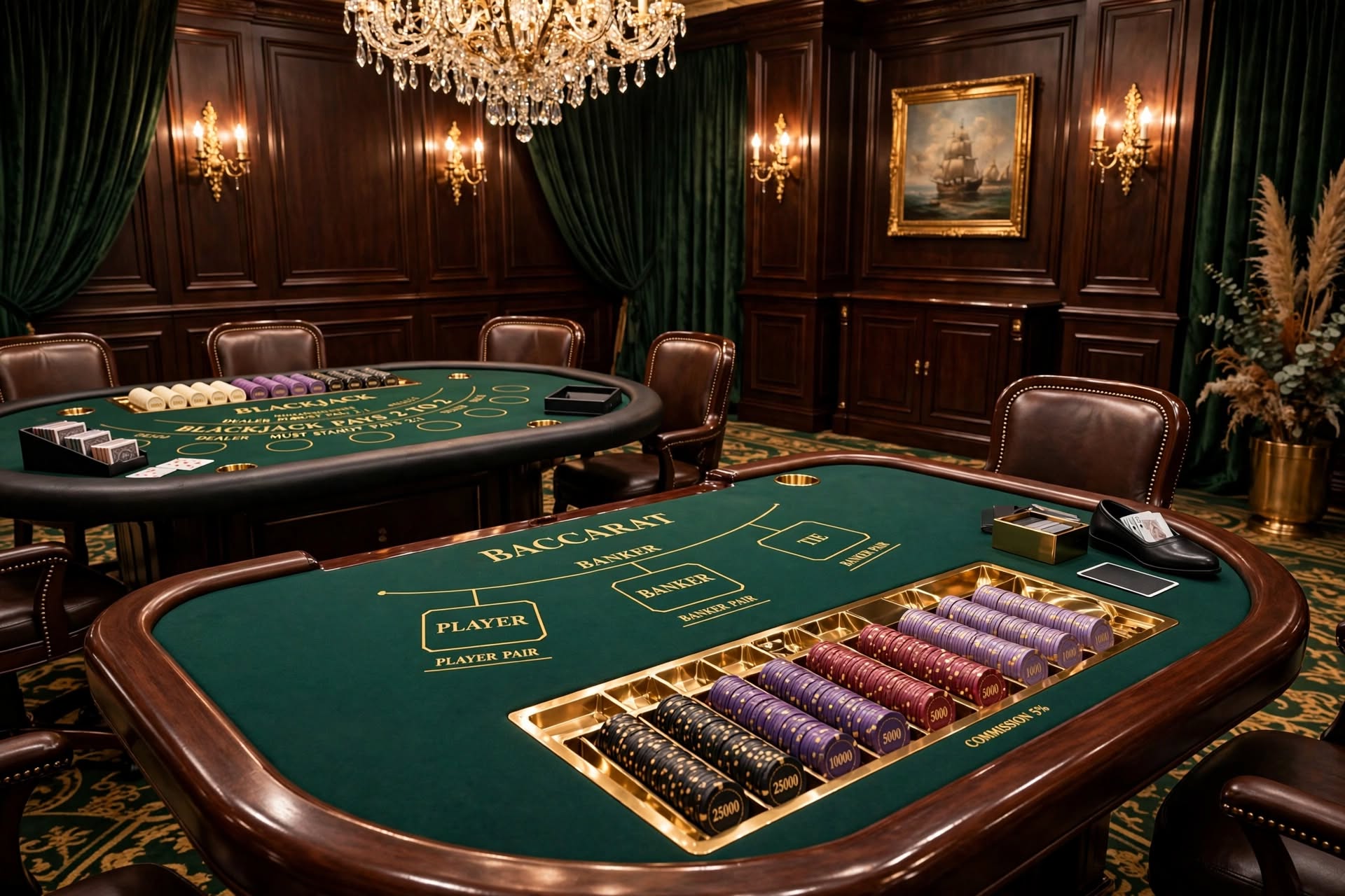 Polished high-limit gaming lounge with blackjack tables and ambient lighting