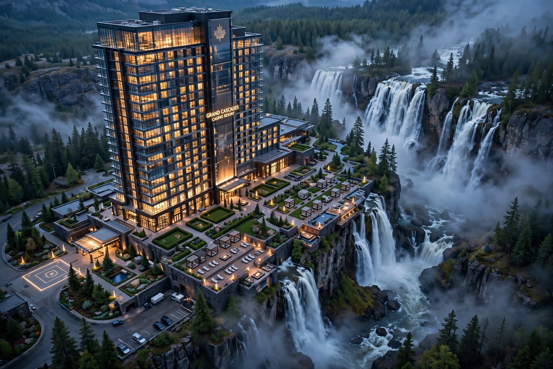 Niagara Fallsview Hotel and Casino exterior overlooking illuminated falls